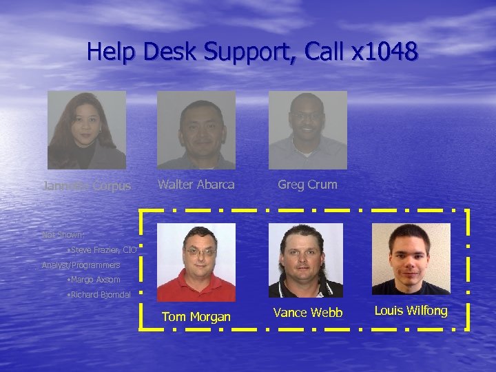 Help Desk Support, Call x 1048 Jannette Corpus Walter Abarca Greg Crum Tom Morgan