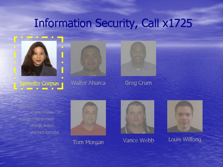 Information Security, Call x 1725 Jannette Corpus Walter Abarca Greg Crum Tom Morgan Vance