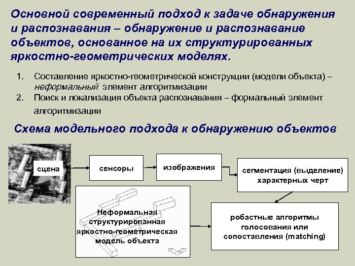 Основной современный подход к задаче обнаружения и распознавания – обнаружение и распознавание объектов, основанное