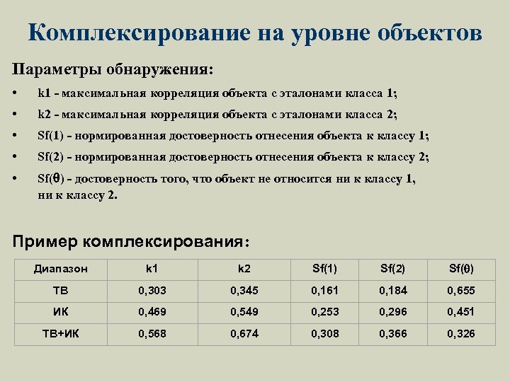 Комплексирование на уровне объектов Параметры обнаружения: • k 1 - максимальная корреляция объекта с
