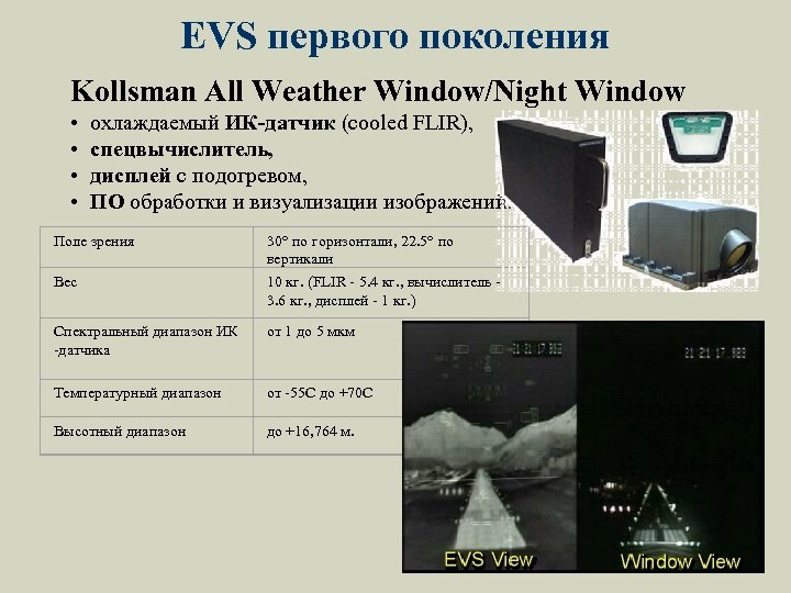 EVS первого поколения Kollsman All Weather Window/Night Window • • охлаждаемый ИК-датчик (cooled FLIR),
