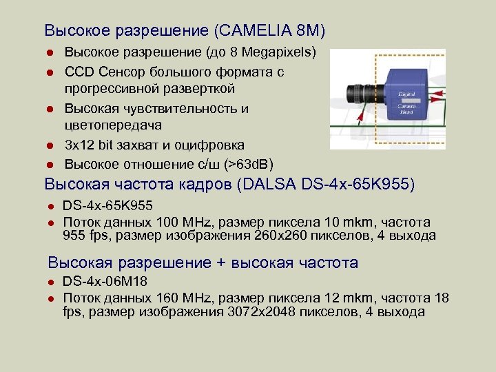 Высокое разрешение (CAMELIA 8 M) l l l Высокое разрешение (до 8 Megapixels) CCD