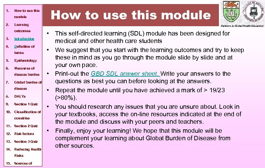 1. How to use this module 2. Learning outcomes 3. Introduction 4. Definition of