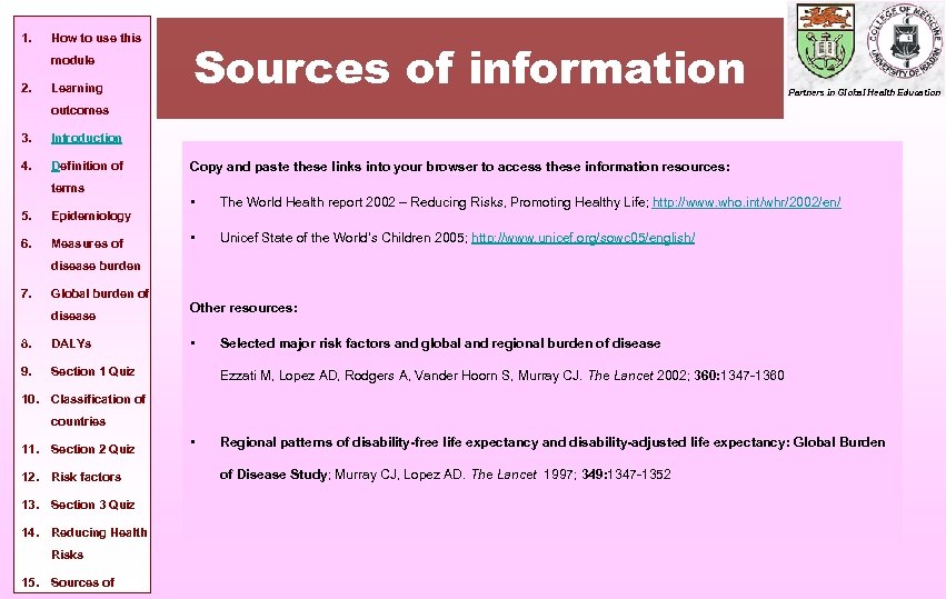 1. How to use this module 2. Learning Sources of information Partners in Global