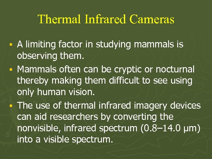 Thermal Infrared Cameras A limiting factor in studying mammals is observing them. § Mammals