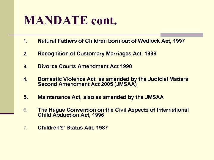 MANDATE cont. 1. Natural Fathers of Children born out of Wedlock Act, 1997 2.