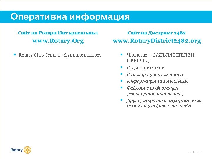 Оперативна информация Сайт на Ротари Интърнешънъл Сайт на Дистрикт 2482 www. Rotary. Org www.