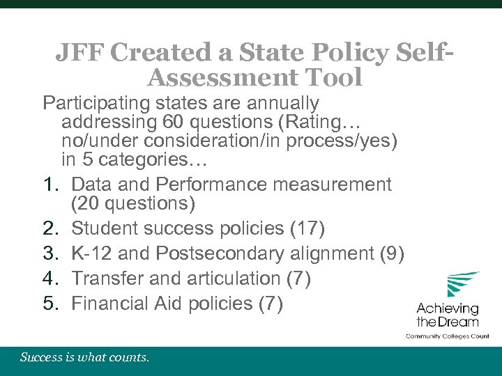 JFF Created a State Policy Self. Assessment Tool Participating states are annually addressing 60