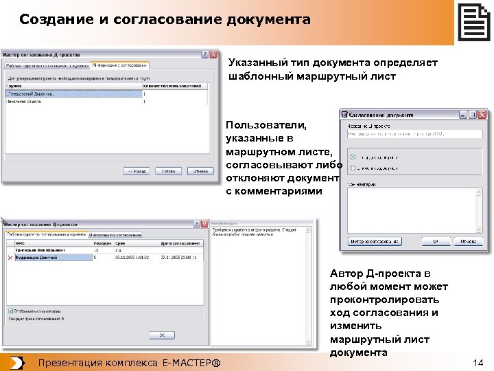 Создание и согласование документа Указанный тип документа определяет шаблонный маршрутный лист Пользователи, указанные в