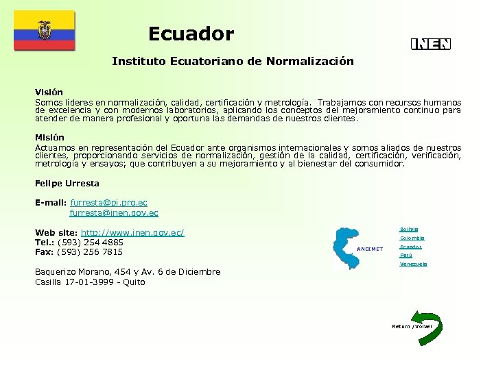 Ecuador Instituto Ecuatoriano de Normalización Visión Somos líderes en normalización, calidad, certificación y metrología.