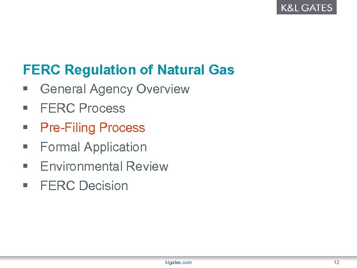 FERC Regulation of Natural Gas § § § General Agency Overview FERC Process Pre-Filing