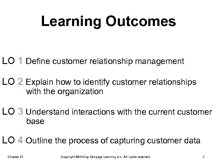 Learning Outcomes LO 1 Define customer relationship management LO 2 Explain how to identify