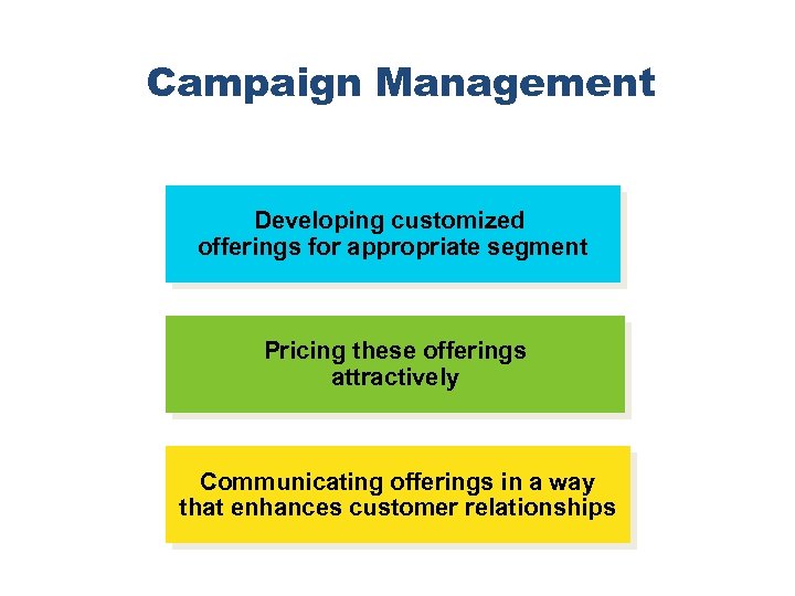 Campaign Management Developing customized offerings for appropriate segment Pricing these offerings attractively Communicating offerings