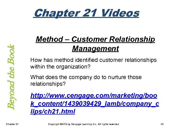 Beyond the Book Chapter 21 Videos Chapter 21 Method – Customer Relationship Management How