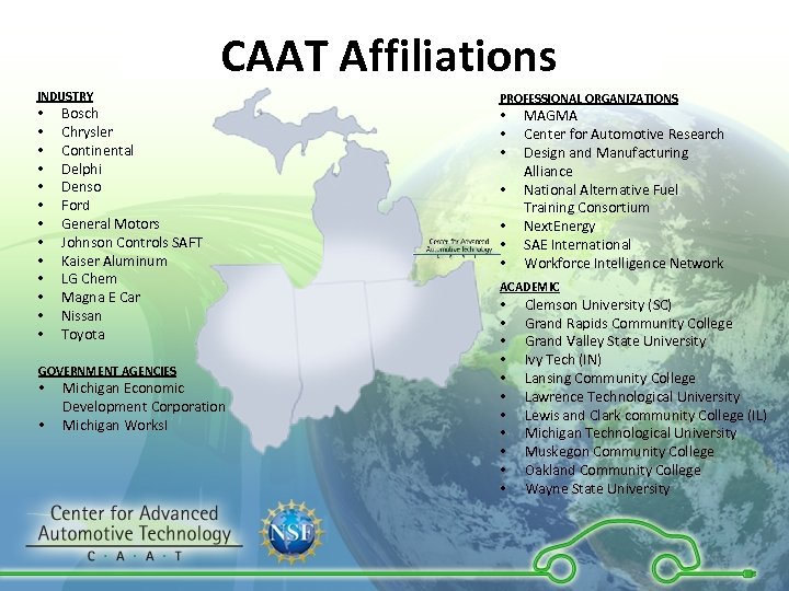 CAAT Affiliations INDUSTRY • • • • Bosch Chrysler Continental Delphi Denso Ford General