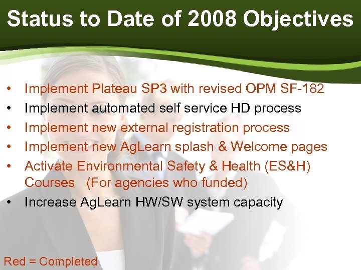 Status to Date of 2008 Objectives • • • Implement Plateau SP 3 with