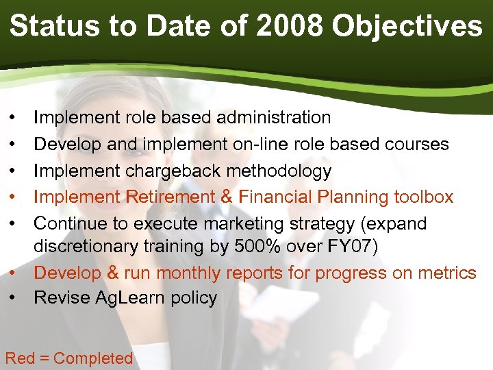 Status to Date of 2008 Objectives • • • Implement role based administration Develop