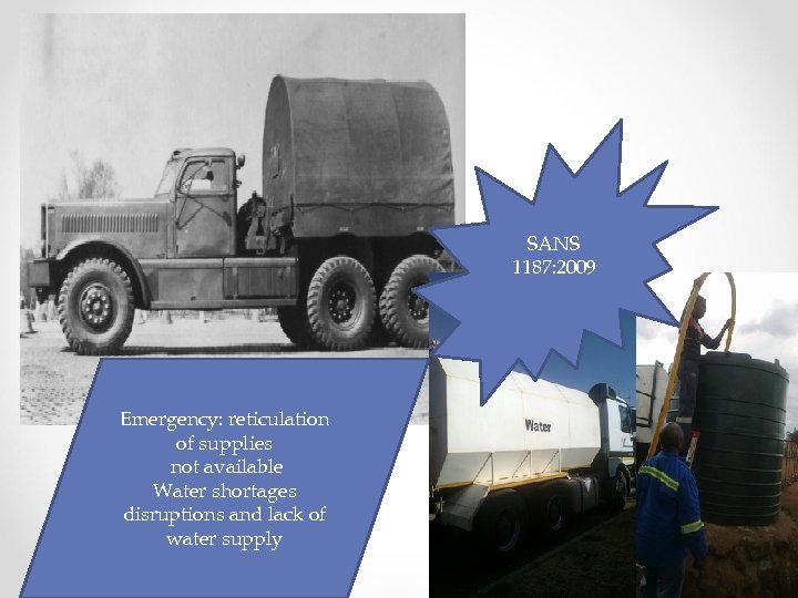 SANS 1187: 2009 Emergency: reticulation of supplies not available Water shortages disruptions and lack