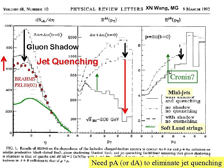 XN Wang, MG Gluon Shadow Jet Quenching BRAHMS PRL 88(02) Cronin? Mini-jets Soft Lund