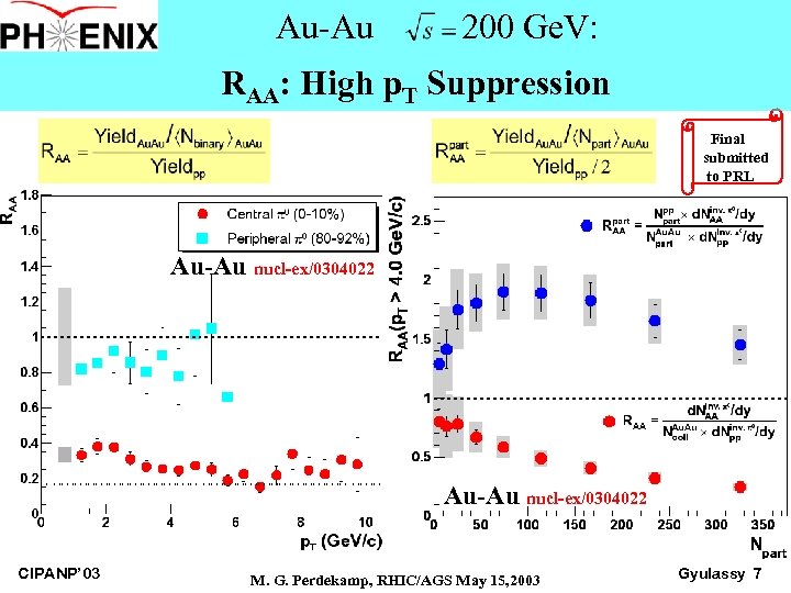 Au-Au 200 Ge. V: RAA: High p. T Suppression Final submitted to PRL Au-Au