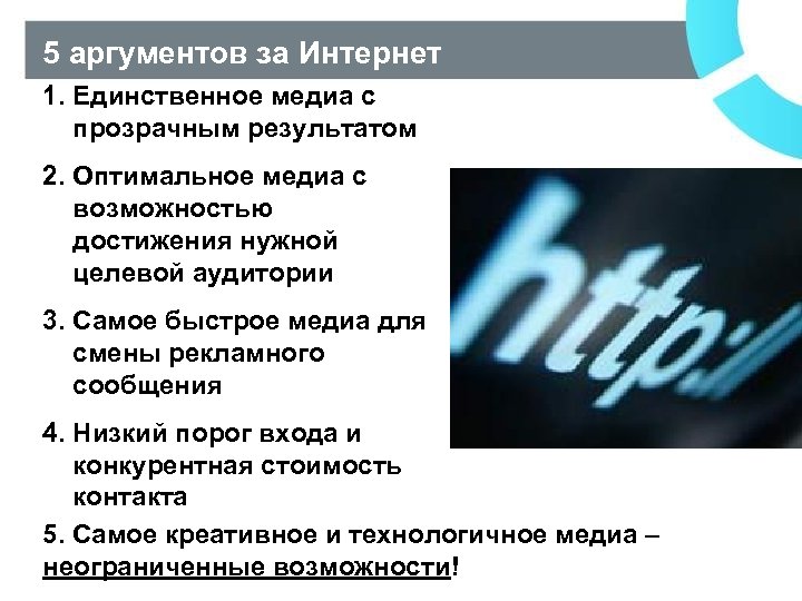 5 аргументов за Интернет 1. Единственное медиа с прозрачным результатом 2. Оптимальное медиа с