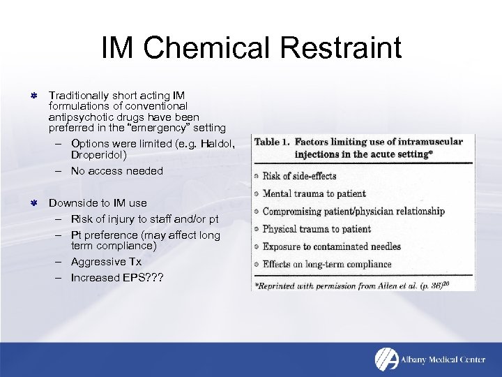 IM Chemical Restraint Traditionally short acting IM formulations of conventional antipsychotic drugs have been
