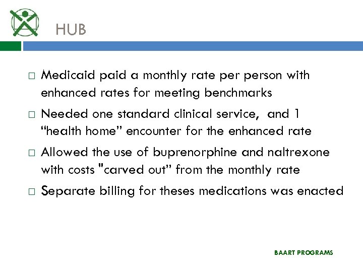 HUB Medicaid paid a monthly rate person with enhanced rates for meeting benchmarks Needed