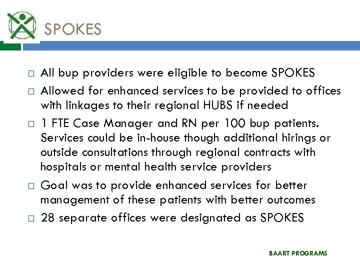 SPOKES All bup providers were eligible to become SPOKES Allowed for enhanced services to