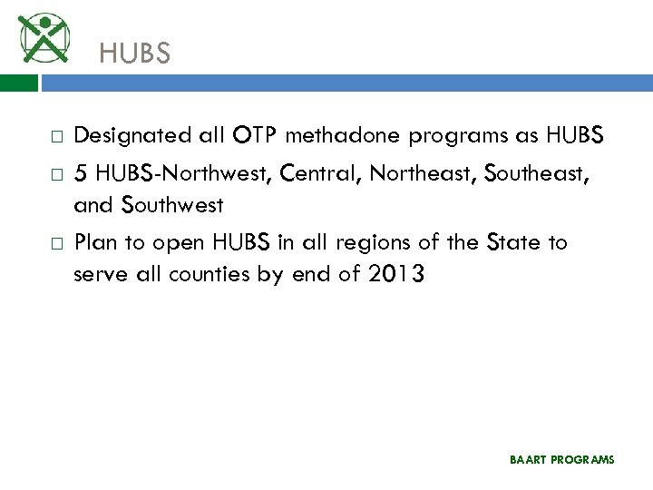 HUBS Designated all OTP methadone programs as HUBS 5 HUBS-Northwest, Central, Northeast, Southeast, and