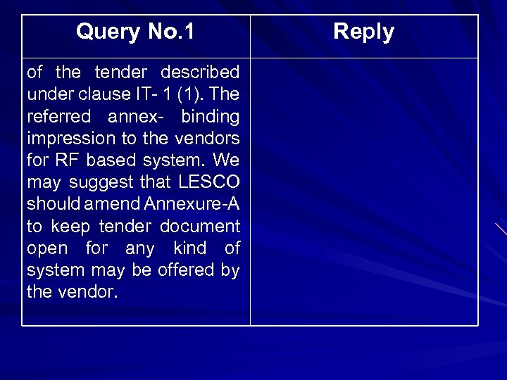 Query No. 1 of the tender described under clause IT- 1 (1). The referred