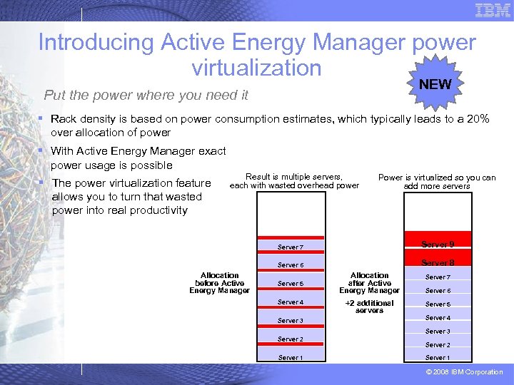 Introducing Active Energy Manager power virtualization NEW Put the power where you need it