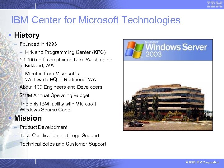 IBM Center for Microsoft Technologies § History – Founded in 1993 – Kirkland Programming