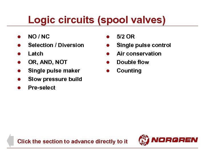 Logic circuits (spool valves) l l l l NO / NC Selection / Diversion