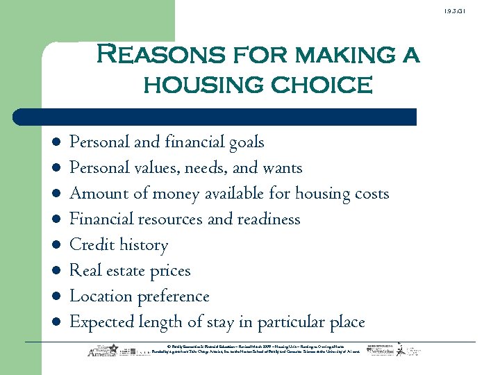 1. 9. 3. G 1 Reasons for making a housing choice l l l