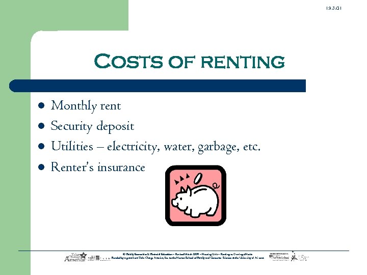 1. 9. 3. G 1 Costs of renting l l Monthly rent Security deposit