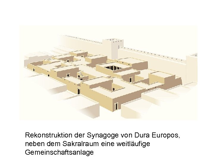 Rekonstruktion der Synagoge von Dura Europos, neben dem Sakralraum eine weitläufige Gemeinschaftsanlage 