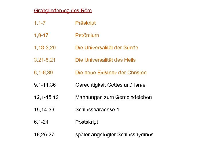 Grobgliederung des Röm 1, 1 -7 Präskript 1, 8 -17 Proömium 1, 18 -3,