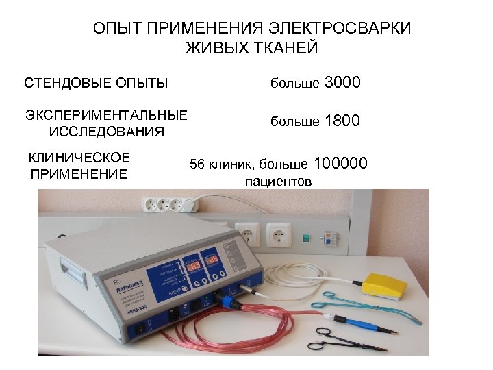 ОПЫТ ПРИМЕНЕНИЯ ЭЛЕКТРОСВАРКИ ЖИВЫХ ТКАНЕЙ 3000 СТЕНДОВЫЕ ОПЫТЫ больше ЭКСПЕРИМЕНТАЛЬНЫЕ ИССЛЕДОВАНИЯ больше 1800 КЛИНИЧЕСКОЕ