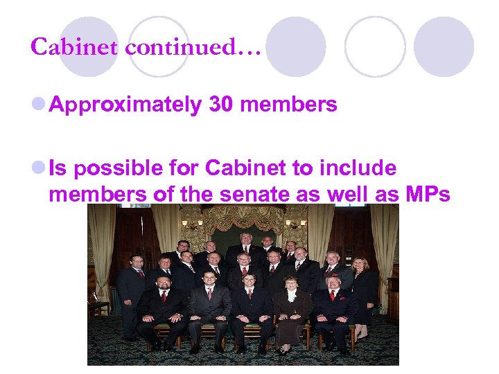 Cabinet continued… l Approximately 30 members l Is possible for Cabinet to include members