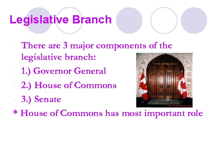 Legislative Branch - There are 3 major components of the legislative branch: - 1.