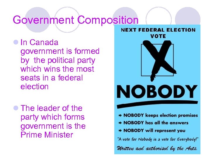 Government Composition l In Canada government is formed by the political party which wins