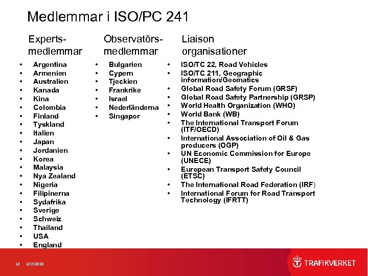 Medlemmar i ISO/PC 241 Expertsmedlemmar • • • • • • 12 Argentina Armenien