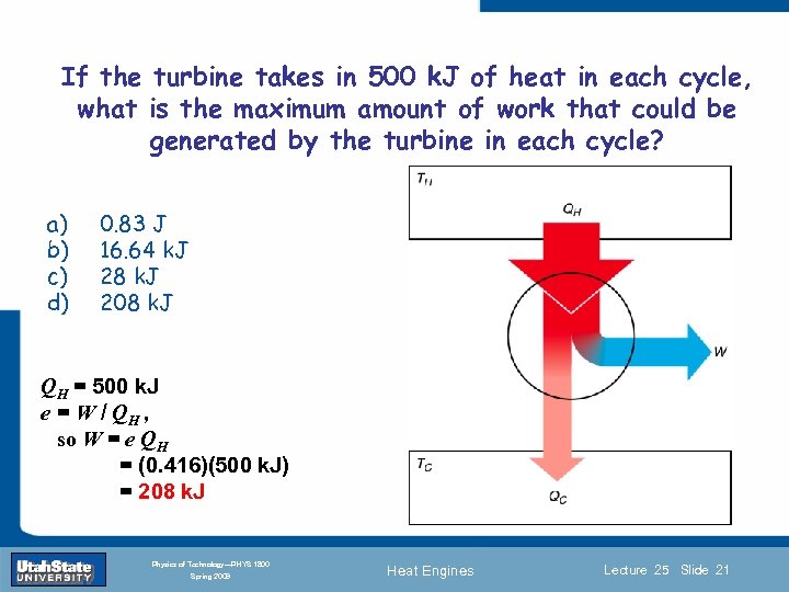 If the turbine takes in 500 k. J of heat in each cycle, what