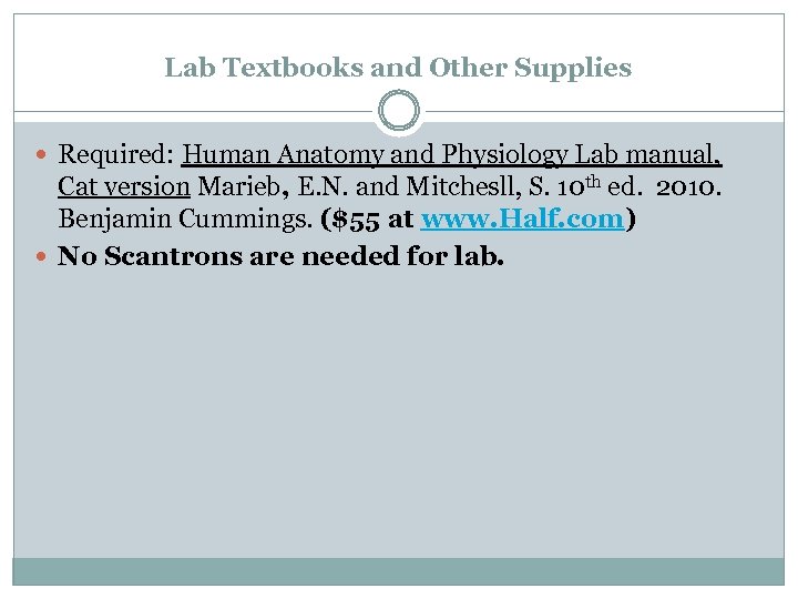 Lab Textbooks and Other Supplies Required: Human Anatomy and Physiology Lab manual, Cat version