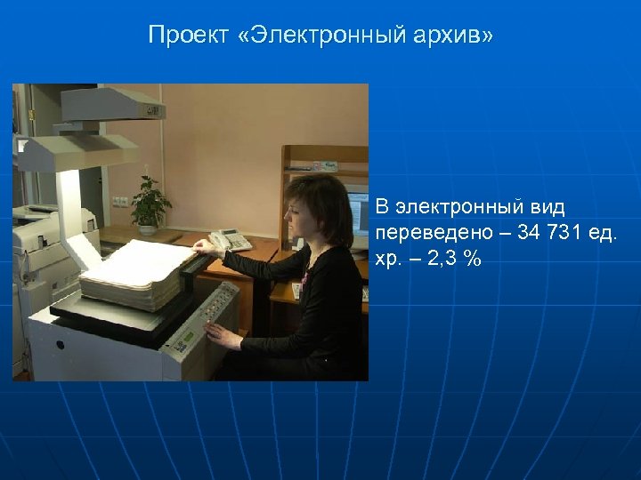 Проект «Электронный архив» В электронный вид переведено – 34 731 ед. хр. – 2,