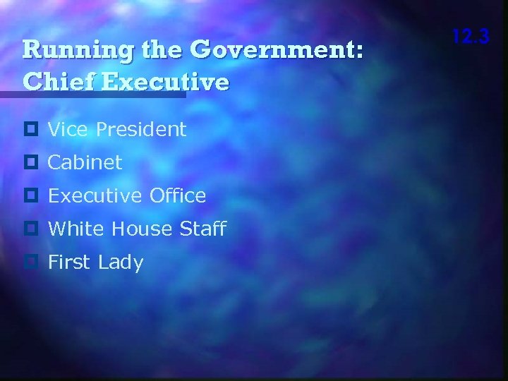 Running the Government: Chief Executive Vice President Cabinet Executive Office White House Staff First