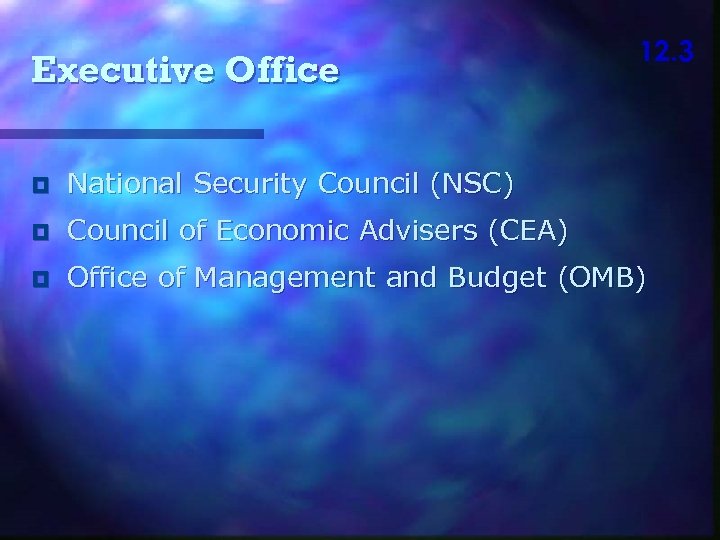 Executive Office 12. 3 National Security Council (NSC) Council of Economic Advisers (CEA) Office