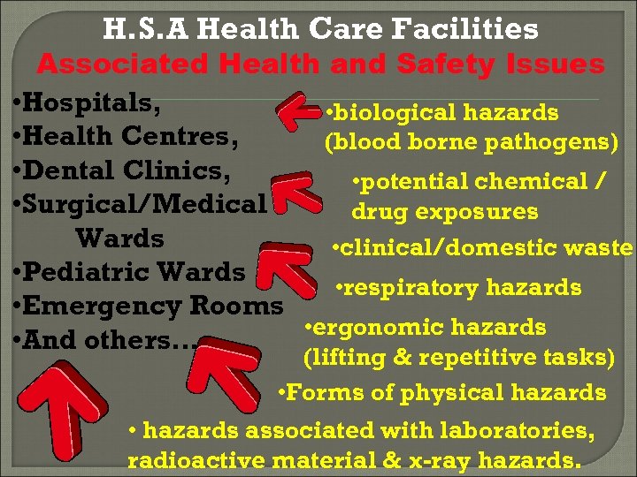 H. S. A Health Care Facilities Associated Health and Safety Issues • Hospitals, •