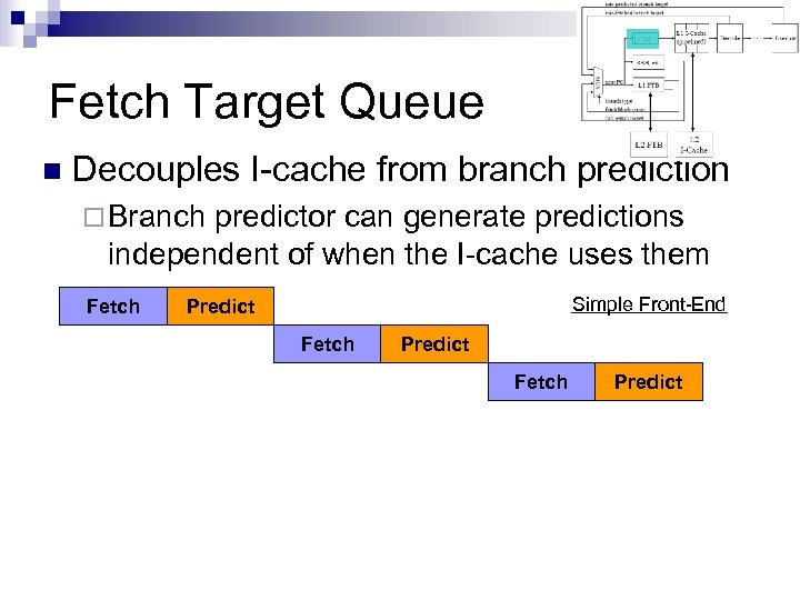 Fetch Target Queue n Decouples I-cache from branch prediction ¨ Branch predictor can generate