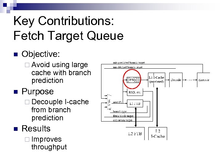 Key Contributions: Fetch Target Queue n Objective: ¨ Avoid using large cache with branch